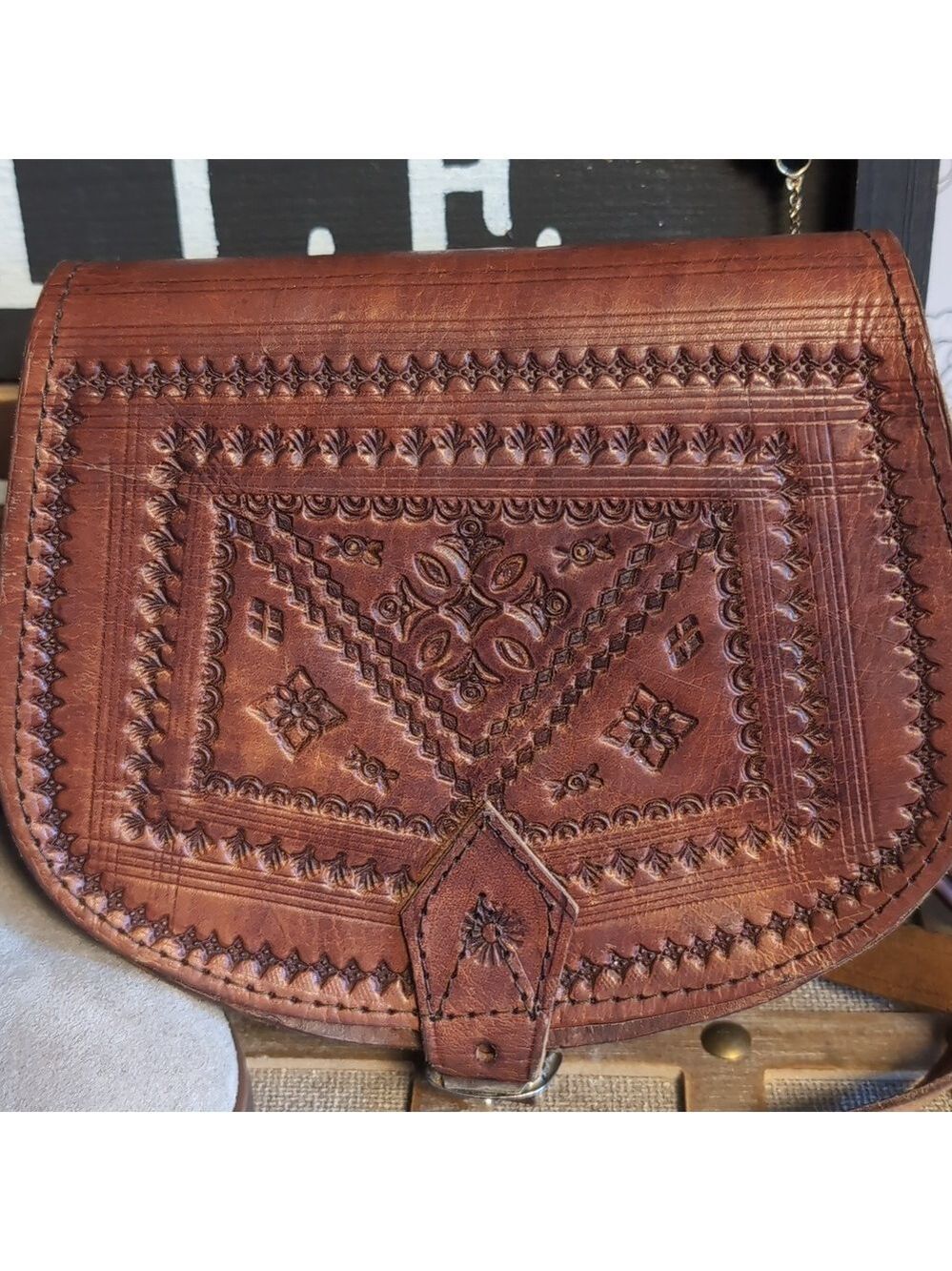 Tooled Mini Leather Vintage Buckled Saddle Bag - Picture 2 of 15